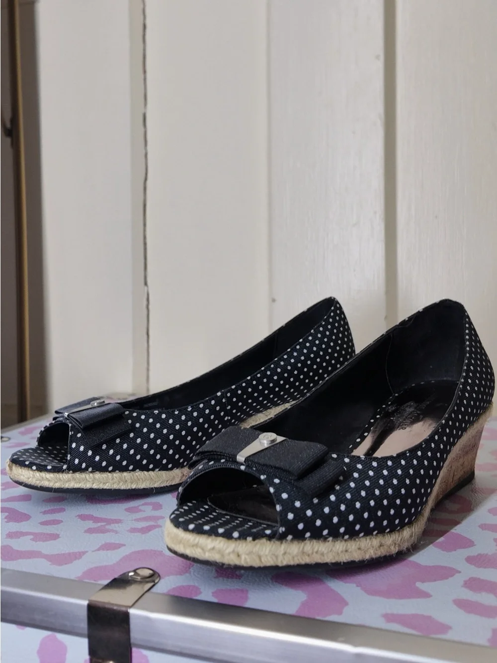 Polka Dot Peep-Toe Wedge Espadrilles with Bow size US 6.5 by Etienne Aigner